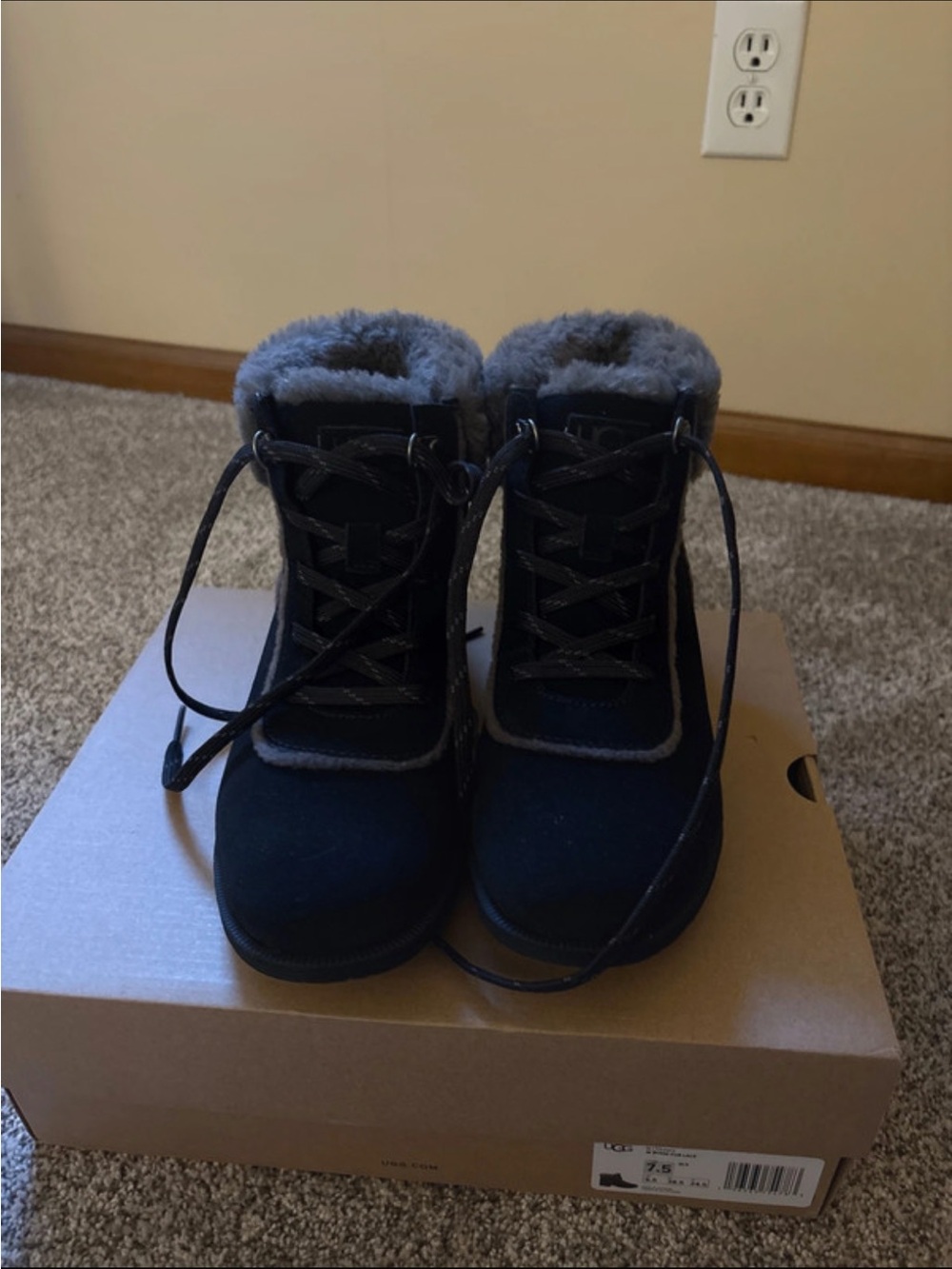 UGG Black Lace-Up Fleece Collar Boots